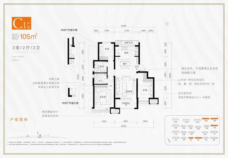 中铁建樾府国际三室两厅C1户型105㎡户型图