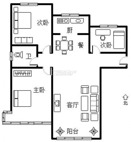K2狮子城3室2厅1卫户型图