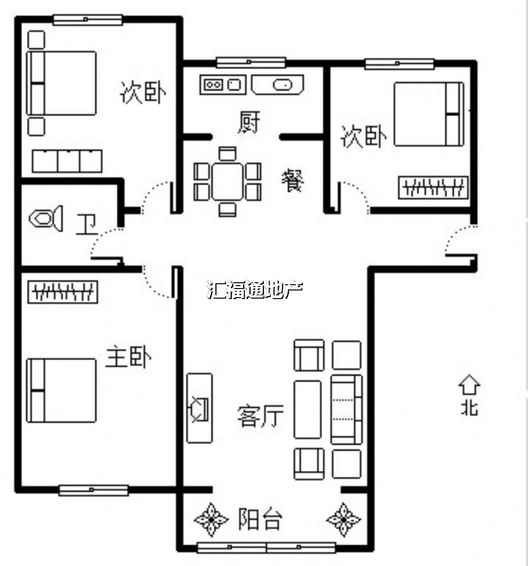 鹏渤印象城·牛津花园3室2厅1卫户型图