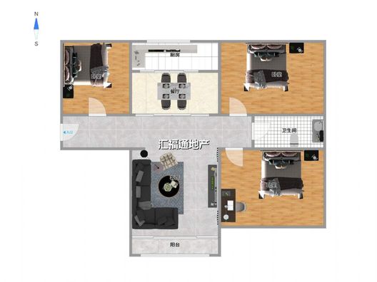 鹏渤印象城·牛津花园3室2厅1卫户型图