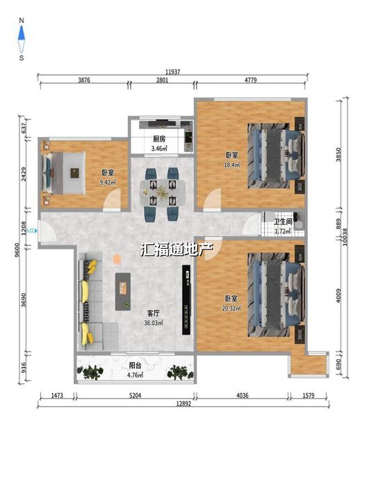 K2狮子城3室2厅1卫户型图