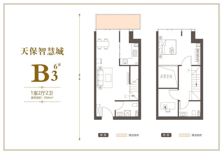 天保智慧城6#楼B3户型46平米户型图