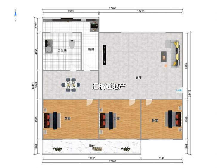 三室两厅两卫建面120㎡