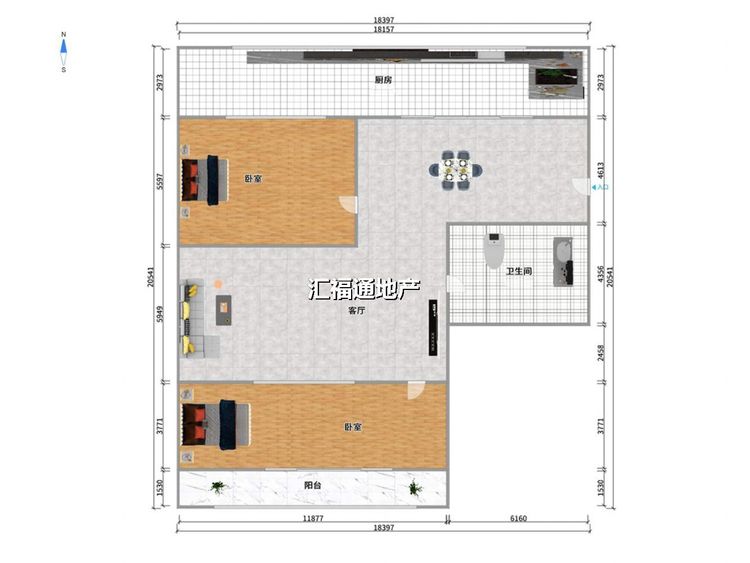 两室两厅一卫建面75㎡