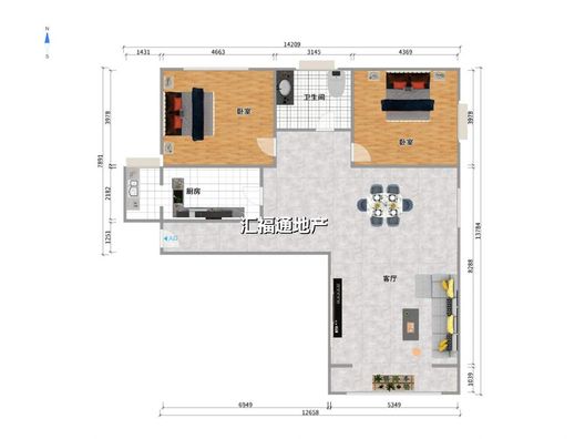 鸿坤理想湾2室2厅1卫户型图