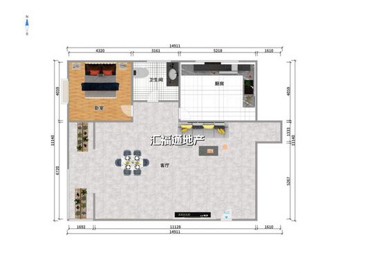 鸿坤理想湾1室2厅1卫户型图