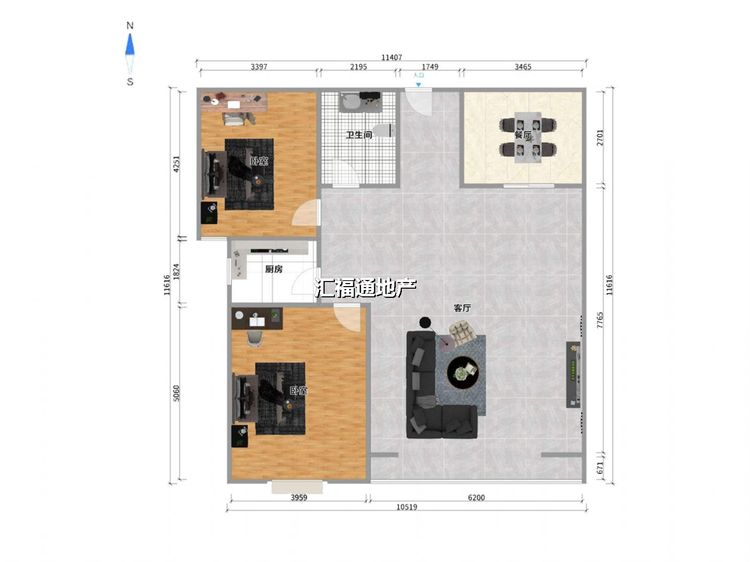 两室两厅一卫建面87㎡