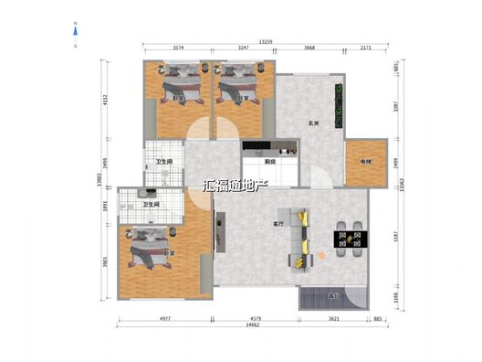 鸿坤理想湾3室2厅2卫户型图