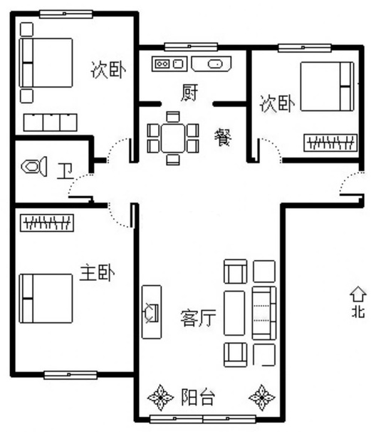 K2狮子城3室2厅1卫户型图