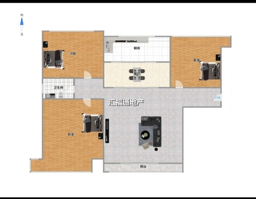 鹏渤印象城·牛津花园3室2厅1卫户型图