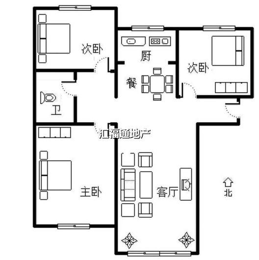鹏渤印象城·牛津花园3室2厅1卫户型图