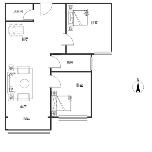 鹏渤印象城·牛津花园2室2厅1卫户型图