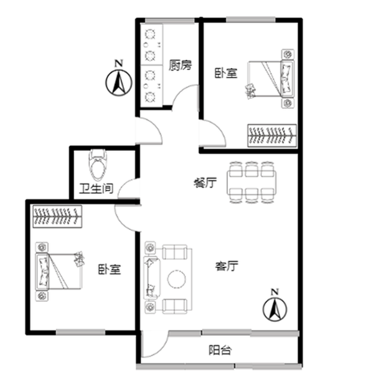 建厂局设计院家属楼2室2厅1卫户型图