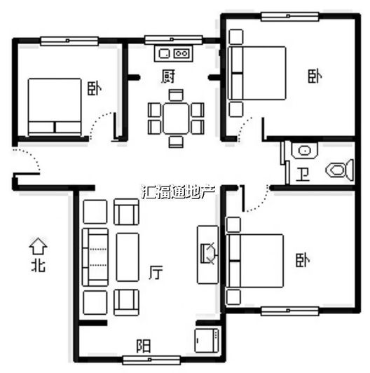 鹏渤印象城·牛津花园3室2厅1卫户型图