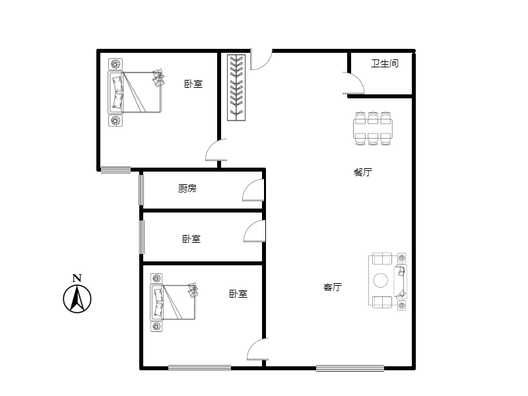 高铁新干线3室2厅1卫户型图