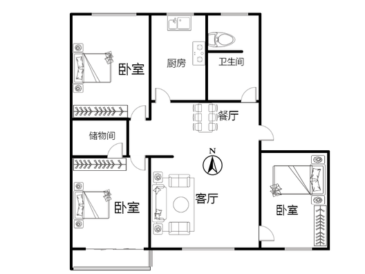 新府阳光二号院3室2厅1卫户型图