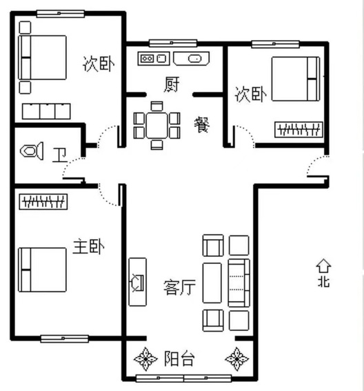 鹏渤印象城·牛津花园3室2厅1卫户型图
