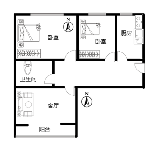 铁道部建厂局家属楼（机械总队家属院）2室1厅1卫户型图