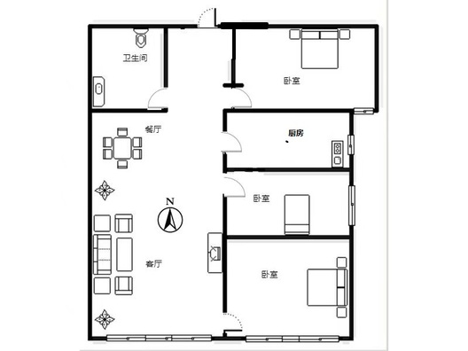 高铁新干线3室2厅1卫户型图