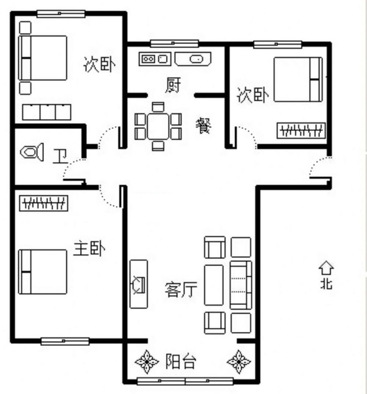鹏渤印象城·牛津花园3室2厅1卫户型图